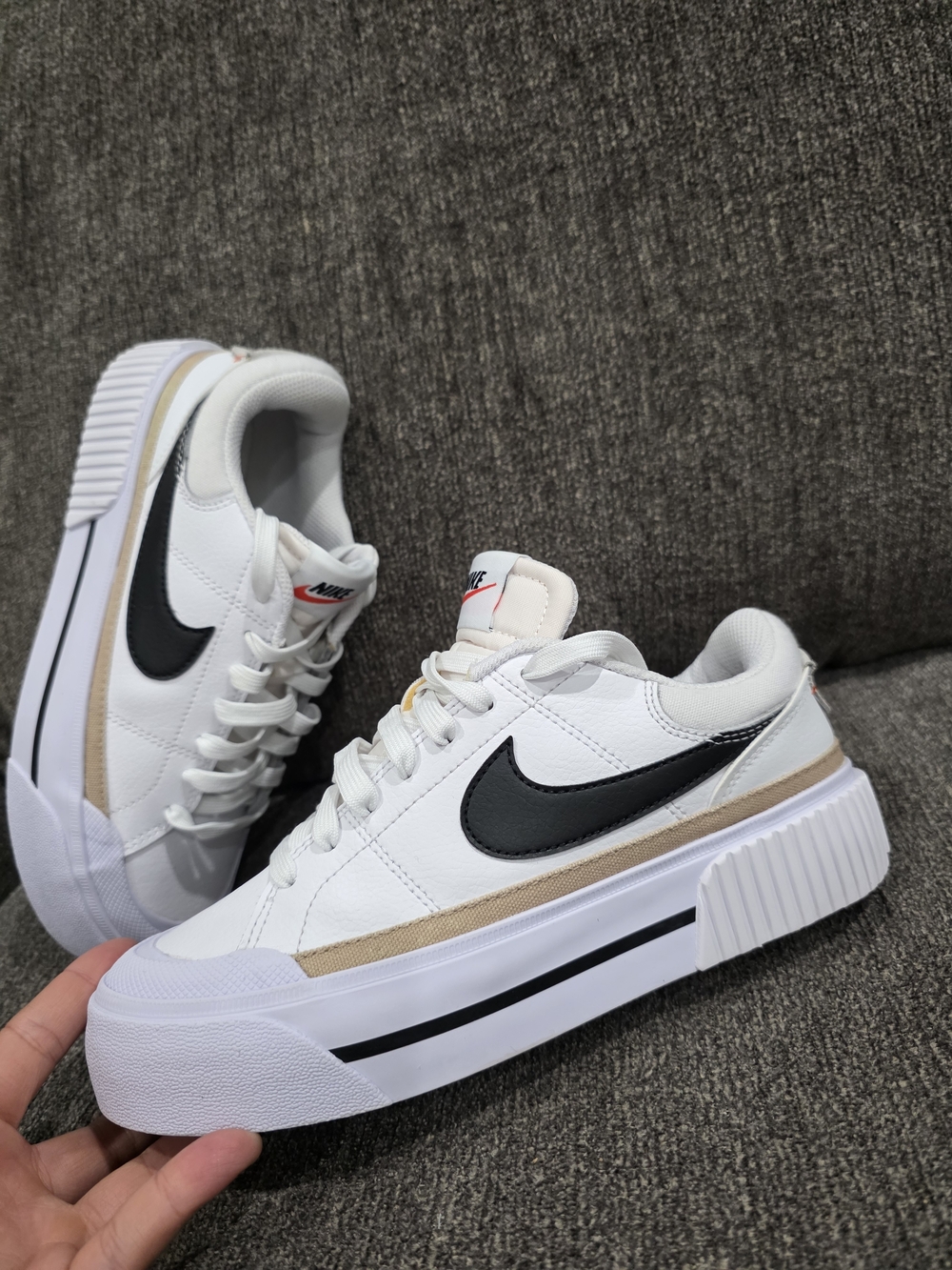 Nike White Platform Sneakers with Black Swoosh and Beige Trim - Picture 5 of 9